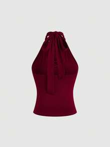 Sweetra 露背细肩带无袖露脐上衣，性感露背吊带衫，百搭时尚露背背心，复古法式性感露脐吊带衫，夏季收腰时尚吊带衫 - 酒紅色 - 查看 2