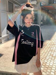 DAZY 女士圆领撞色英文印花短袖T恤图案T恤 - 黑色 - 查看 3