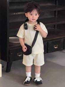 DAZY Set Kaos dan Celana Pendek Kasual Lengan Pendek Gaya Korea Kerah Bulat untuk Bayi Laki-laki, Cocok untuk Musim Panas dan untuk Balita. - Krem - View 3