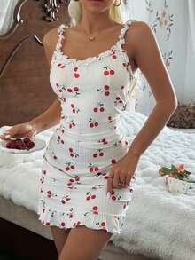 CottageSlumber Comfortable Cherry Print Ribbed Trim Camisole Short Nightgown For Women - White - View 6