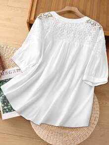 EMERY ROSE 大码女式纯色蕾丝拼接衬衫，春季女装，度假女装，休闲女式衬衫，白色衬衫，假日女装，海滩度假女装，蕾丝白色上衣，白色波西米亚风上衣，夏季大码衬衫，白色，大码上衣，白色蕾丝上衣，女士白色衬衫，优雅休闲女式衬衫，夏季上衣，新款衬衫，最新款女式上衣，法式衬衫，优雅衬衫，女士衬衫，休闲优雅女士衬衫，夏季最新款女士上衣，新款女士上衣和衬衫 - 白色 - 查看 3
