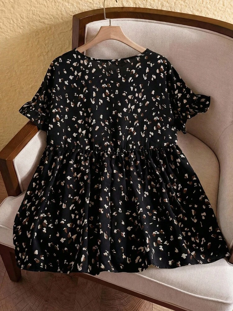 Plus Size Casual Resort Style Ruffled Sleeve Allover Print Blouse,Tropical Vacation, Summer Tops