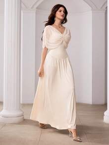 Modelyn French Elegant Mesh Patchwork Cinched Waist Flared Dress - Apricot - View 7