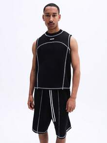 男士黑色背心短裤套装，撞色缝线，休闲夏季两件套，无袖家居服套装 - 黑色 - 查看 3