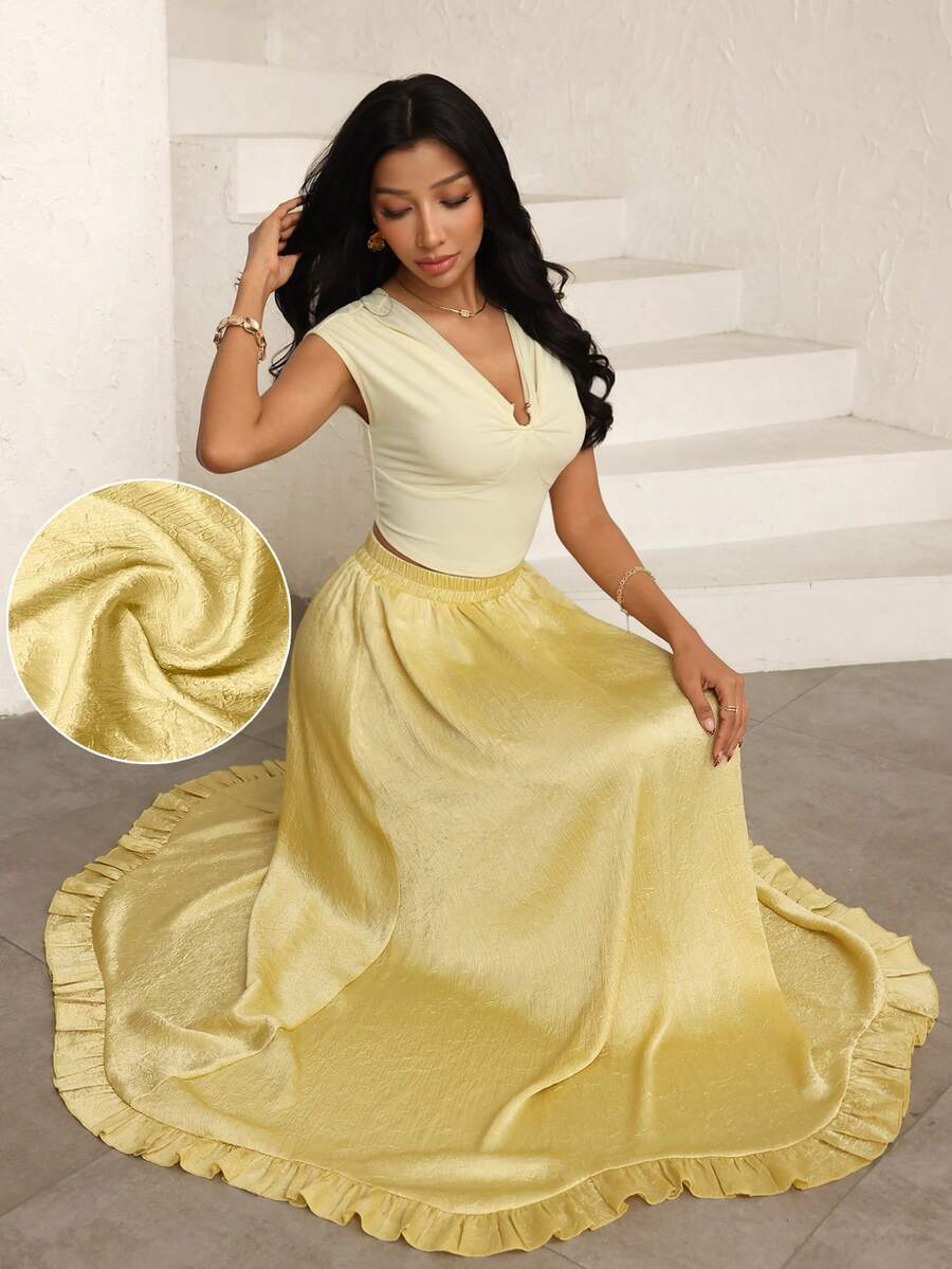 Modelyn Glossy Ruffle Hem Elastic Waist A-Line Flared Elegant Women's Skirt - Mustard Yellow - View 1