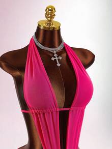 Amplova Bộ jumpsuit nữ 2 món cổ chữ V sâu, bao gồm áo khoác ngoài có viền bèo nhún và lưng hở gợi cảm, màu hồng cánh sen. - Màu Hồng Tươi - Xem 12