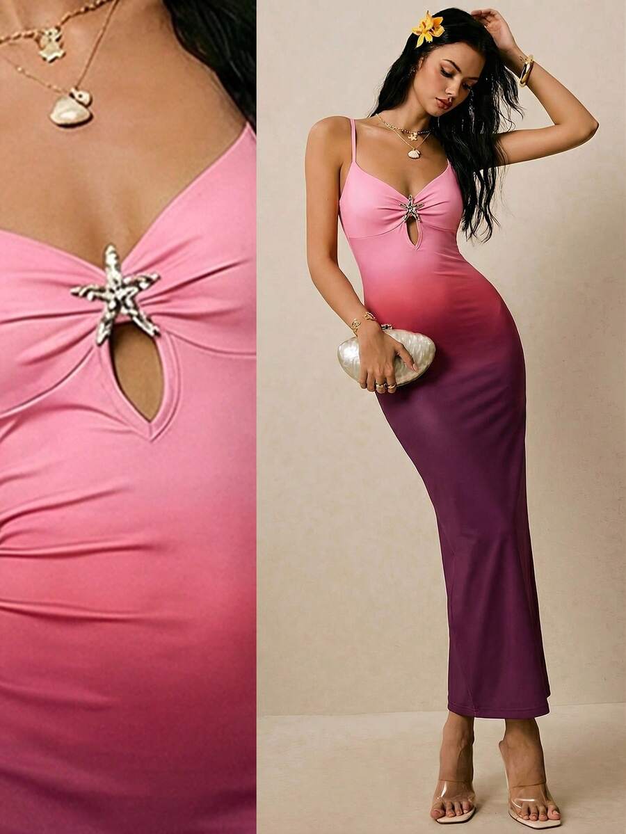 Poéselle Đầm maxi ôm sát gợi cảm họa tiết sao biển ánh kim ombre dành cho nữ - Nhiều màu - Xem 1