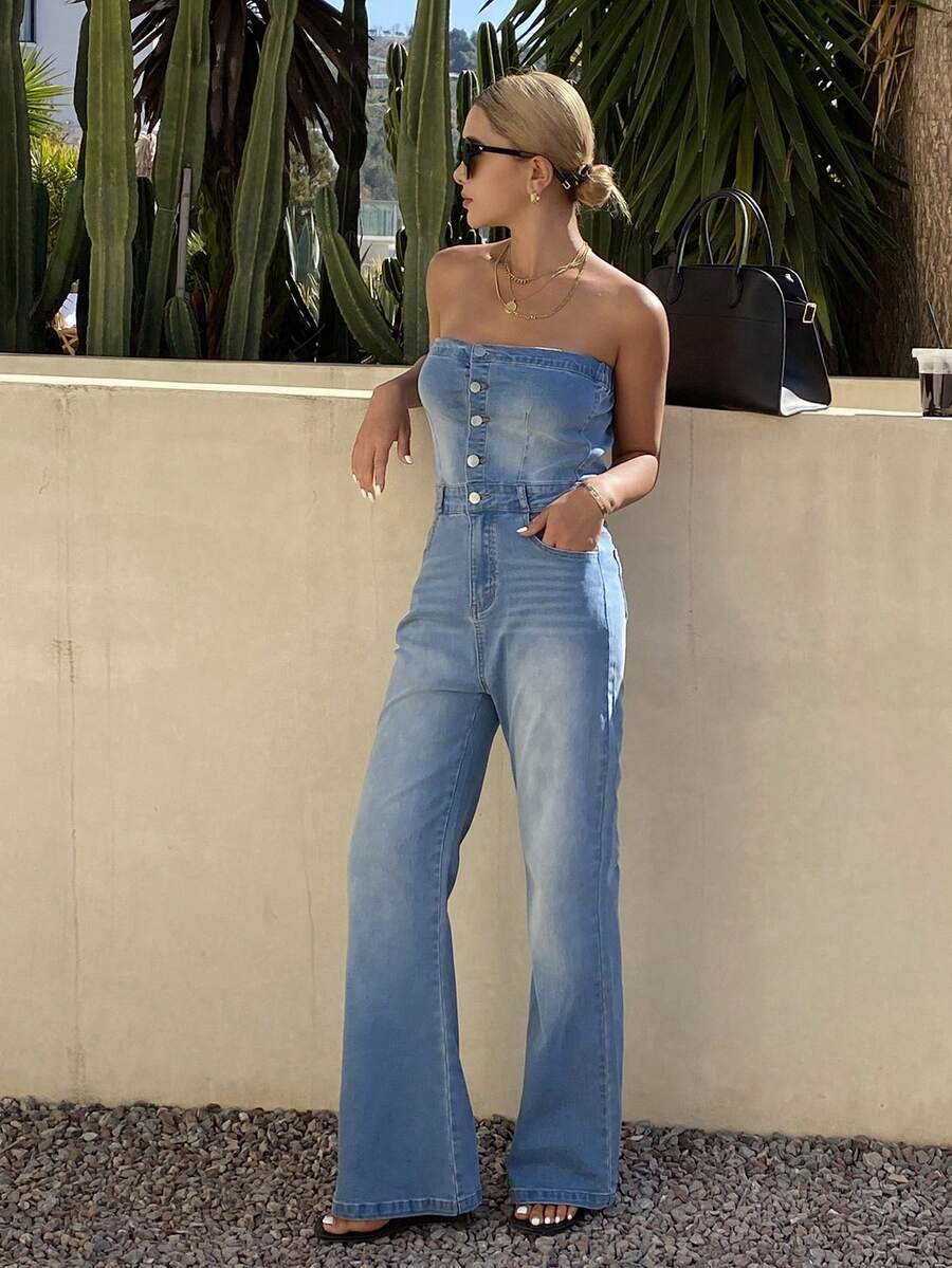 DAZY Bộ áo liền quần denim nữ dáng suông, thích hợp cho mùa xuân và mùa hè. - Rửa trung bình - Xem 1