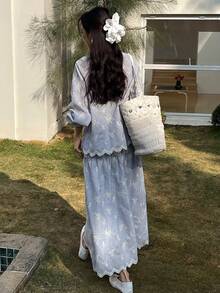 DAZY Women's Casual Striped Embroidered Floral Stand Collar Shirt And A-Line Skirt 2-Piece Set, Spring/Summer - Blue - View 2