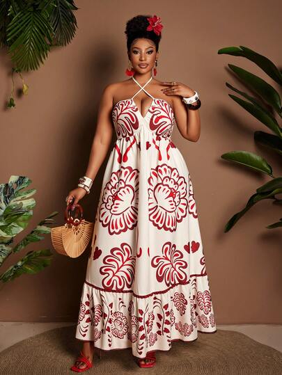 Maweii Plus Size Women's Vacation Beach Colorblock Floral Print Irregular Halter Tie Waist Backless Sundress, Suitable For Spring, Summer, Beach, Music Festival