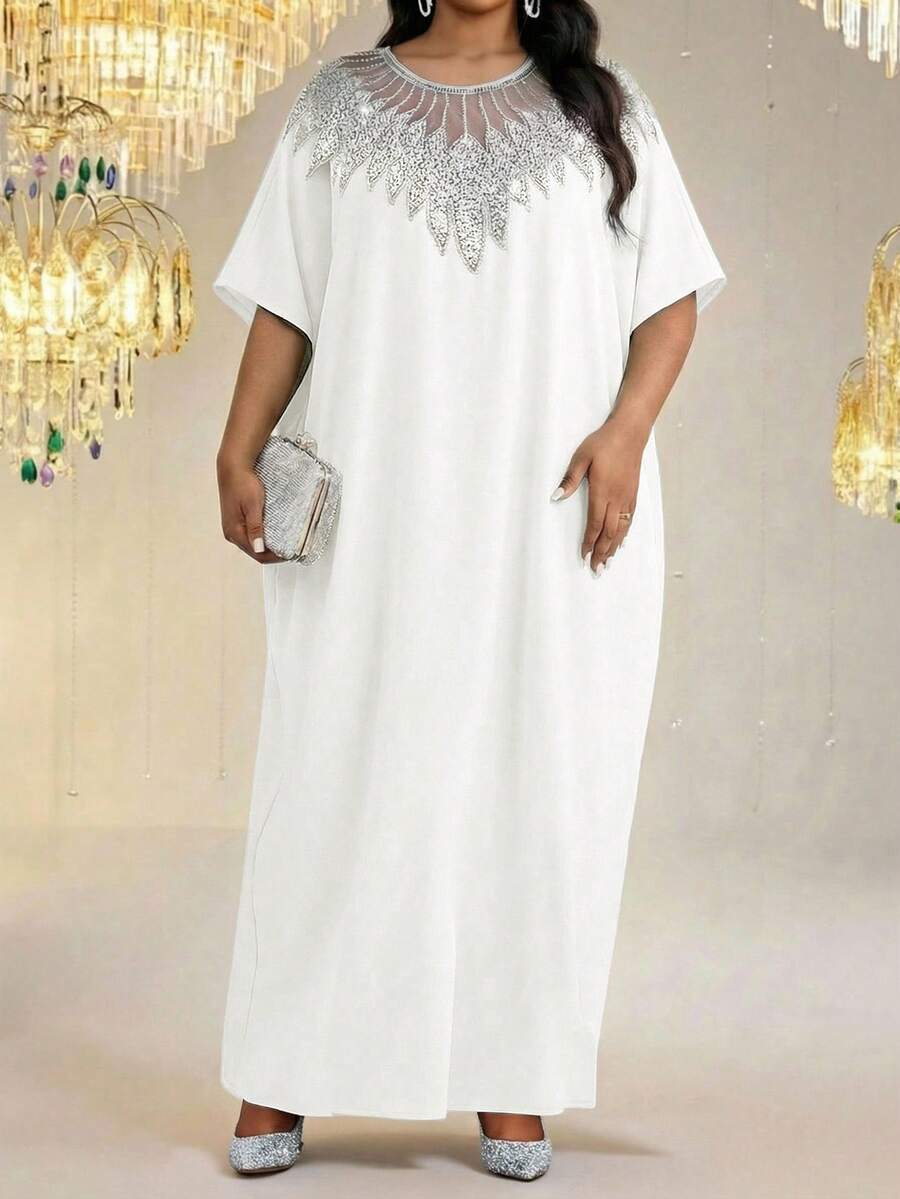 SHEIN Lady Đầm nữ cỡ lớn phối lưới, cổ tròn, tay cánh dơi, dáng rộng. - trắng - Xem 1