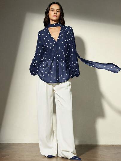 Aveloria Modichic V-Neck Front Open Black & White Polka Dot Print Chiffon Loose All-Match Shirt With Scarf, Casual Commute Elegant Versatile For Women
