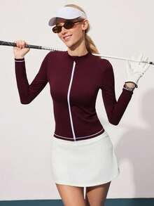 CourtClass 女士无缝紫色长袖拉链高尔夫夹克 - 中紫紅色 - 查看 6