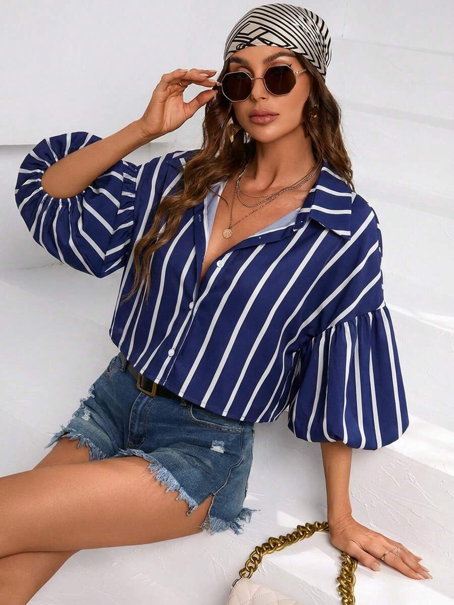 Aveloria Modichic Women's Striped Single-Breasted Casual Short Puff Sleeve Shirt - Navy Blue - View 1
