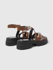 Sugerpunk Women's Black Roman Beach Sandals, Dark Chain Punk Rock Party Sandals, Summer Open-Toe Rivet Gothic Wedge Platform Sandals, Holiday Shoes - Yellow brown cloth - View 8