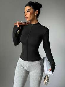 Velisys 2pcs Black & Coffee Seamless High Stretch Zip-Up Jacket Set - Multicolor - View 3