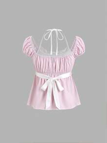 Sweetra French Romantic Beach Vacation Spring/Summer Sweet Polka Dot Halter Neck Cap Sleeve Double Ruffle Hem Women Pink Blouse - Pink - View 5