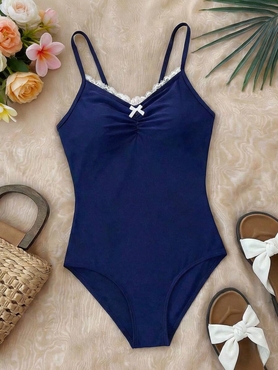 SHEIN 少女荷叶边拼接前褶皱蝴蝶结连体泳衣 - 藏蓝色 - 查看 1