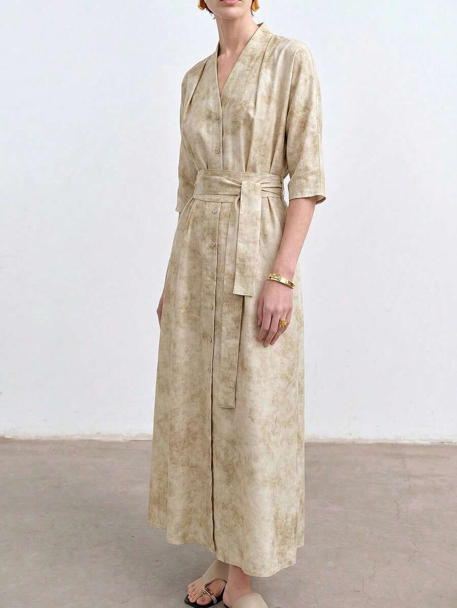 Aalyst 女士春夏优雅时尚奢华简约高端设计休闲波西米亚风度假/工作装复古风舒适扎染印花V领开襟插肩袖袖口褶裥侧袋腰带中长连衣裙 - 棕色 - 查看 1