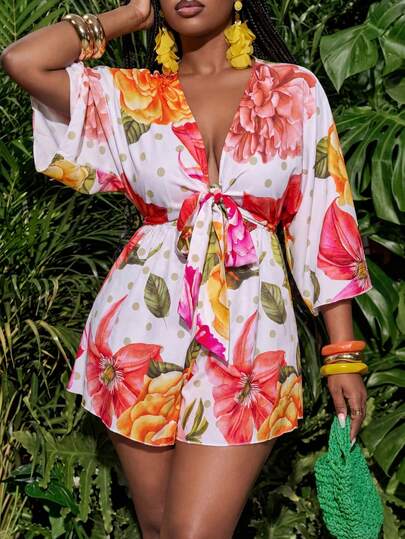 Slaydiva 2026春夏优雅通勤休闲装，适合生日派对、毕业季、学生装、日常外出、百搭基础款、休闲装、度假装、邮轮旅行装、海滩装、日光浴装，时尚百搭，商务休闲女式泳衣罩衫 - 优雅长款印花A字宽松系带露背设计，适合海滩和夏季穿着，大码尺码