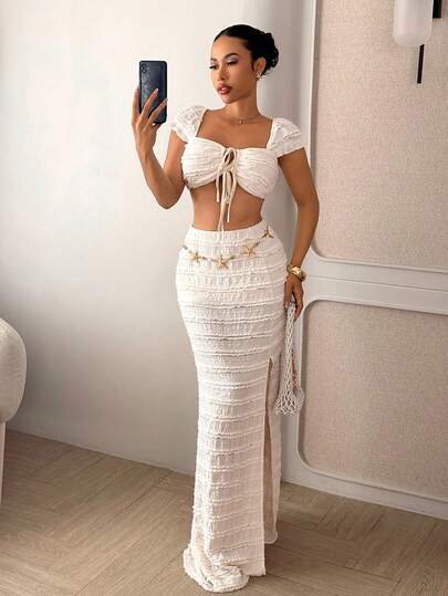 Slaydiva 夏季新品，音乐节，西部风情，游牧风，派对，性感泳池度假村，邮轮旅行，海滩，海边，日光浴，潮流单品，度假，甜美，浪漫，优雅，性感，波西米亚风，嬉皮风。女士露脐系带上衣和多片式A字提花蕾丝面料，女士两件套 - A字裙