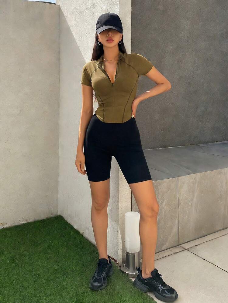 Women's Raglan Short Sleeve Zip-Up Mandarin Collar Fitted Casual Versatile T-Shirt Summer