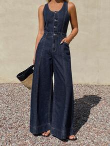DAZY 女士无袖可调节肩带宽松直筒休闲牛仔连体裤 夏季 - 深色水洗藍 - 查看 4