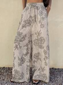 DAZY 女士休闲碎花阔腿裤，春季 - 灰色 - 查看 1