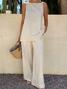 Livesso Bộ đồ nữ mùa hè gồm áo không tay cổ tròn và quần dài in họa tiết (2 món) - Màu Khaki - Xem 1