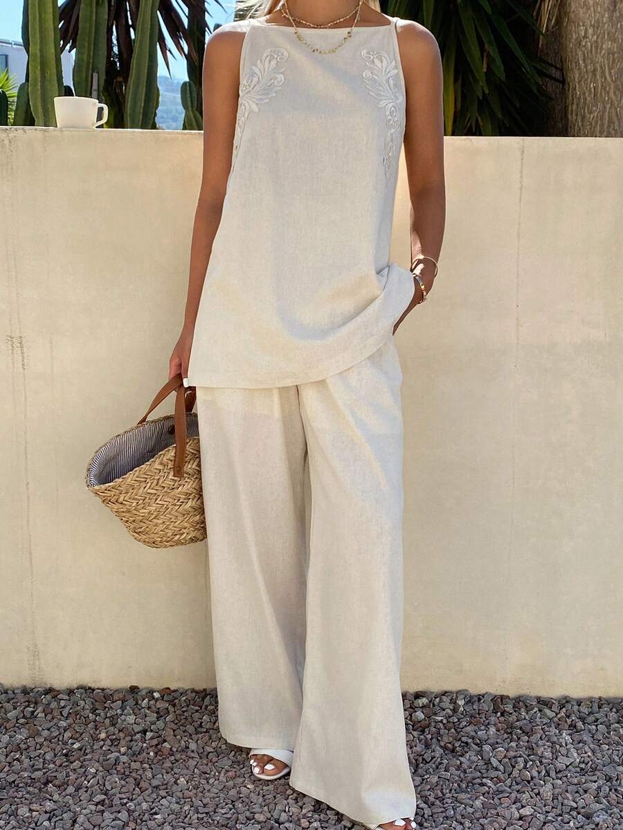 Livesso Bộ đồ nữ mùa hè gồm áo không tay cổ tròn và quần dài in họa tiết (2 món) - Màu Khaki - Xem 1