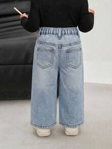 Quần ống rộng dáng suông màu xanh denim kiểu retro cho bé gái - Rửa nhẹ - Xem 2
