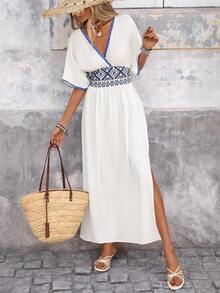 Brillora 女士春夏时尚休闲优雅浪漫度假刺绣拼接连衣裙 - 藍白色 - 查看 7