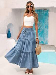 Vivid Eden 女士度假牛仔裙，荷叶边裙摆，腰带，波点图案 - 淺色水洗藍 - 查看 6