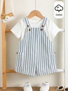 SHEIN Newborn Baby Boy/Girl Blue White Stripe Overall Set,Summer Casual Cute Family Matching Green Striped Romper,Gender Neutral Toddler Outfit For Party - Multicolor - View 9