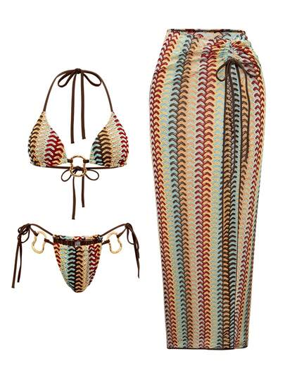 Swim Oasis 3pcs/Set Sexy Metal Accent Colorblock Halter Bikini Top, Drawstring Backless Swimwear & Slit Maxi Skirt, Summer Vacation