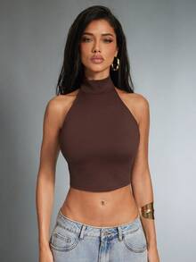 Denimoi Women's Solid Color Halter Neck Metal Decor Fitted Casual Top - Coffee Brown - View 4