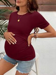 SHEIN Maternity Solid Color Round Neck Short Sleeve Nursing Top - Burgundy - View 3