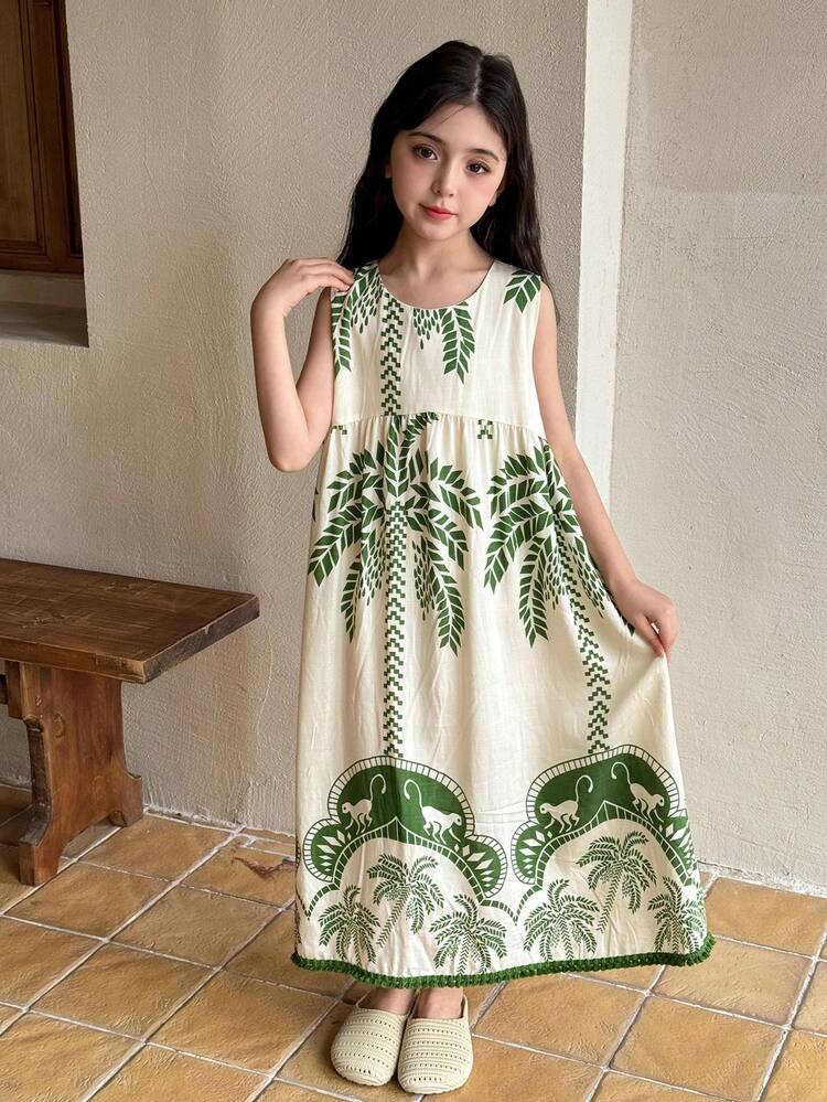 Tween Girls' Casual Coconut Tree Print Round Neck Sleeveless Dress, Summer