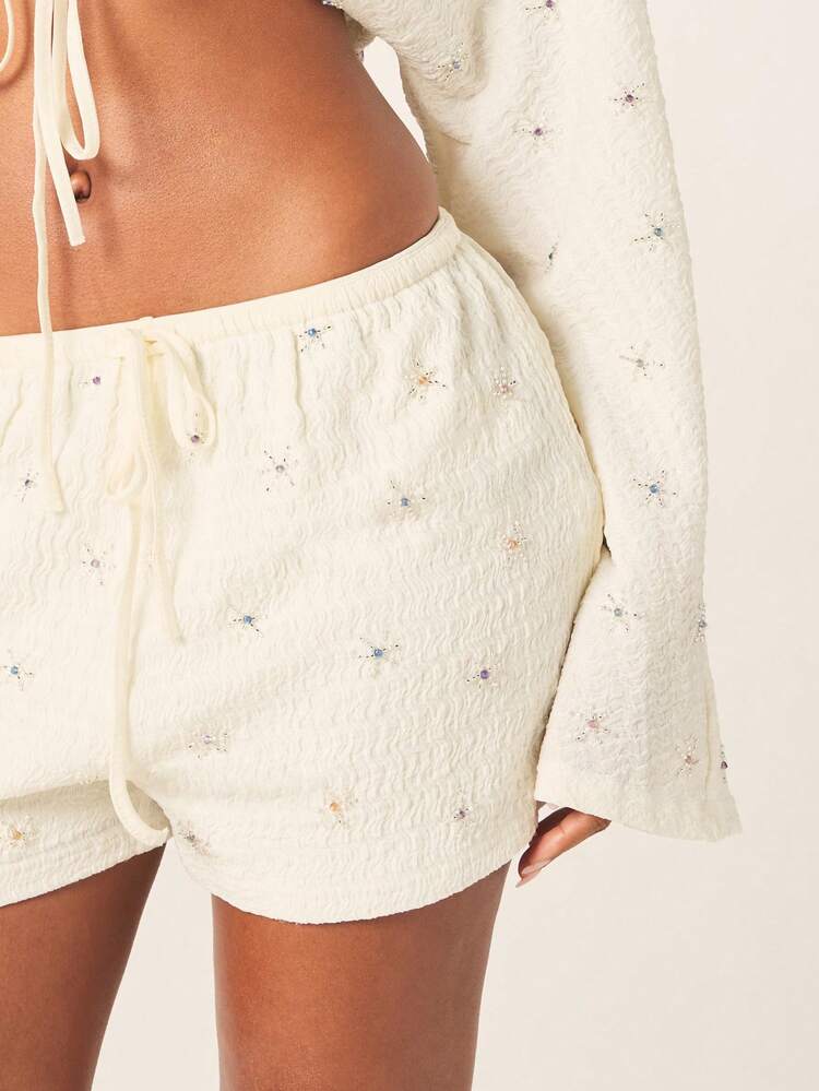 MISSGUIDED Sequin Detailed Two Piece Coord Set Long Sleeve Crop Top With Mid Thigh Shorts V Neck Sparkly Outfit For Evening Party
