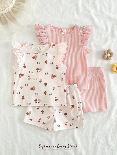 Cozy Pixies 4pcs Baby Girl Solid Color Knit Soft Round Neck Sleeveless Top And Elastic Waist Pants Set