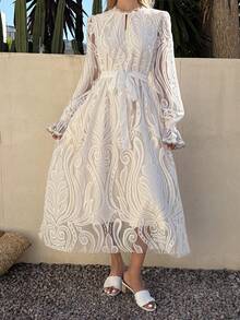 DAZY 女士优雅蕾丝白色花瓣袖系带中长连衣裙，春夏款，婚礼宾客礼服，女士吊带裙 - 白色 - 查看 8