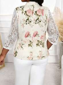 SHEIN Lady Áo blazer nữ cỡ lớn tay lửng phối ren hoa thanh lịch - Nhiều màu - Xem 2