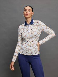 Activina Top de manga larga con media cremallera y estampado de cadena para mujer, estilo ecuestre - Multicolor - Ver 3