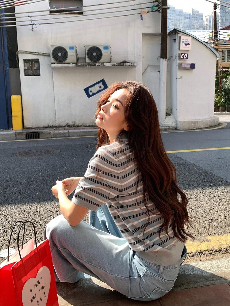 Women's Collared Striped Contrast Color Casual Knit Top, Korean Style Summer