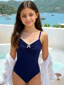 SHEIN 少女荷叶边拼接前褶皱蝴蝶结连体泳衣 - 藏蓝色 - 查看 4