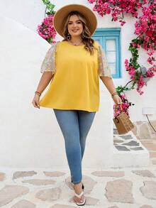 SHEIN CURVE+ Plus Size Curve Size US22Music Festival, Seaside Vacation, BohemiaLadies' Elegant Embroidered Patchwork Ruffle Sleeves Yellow Shirt In - Yellow - View 5