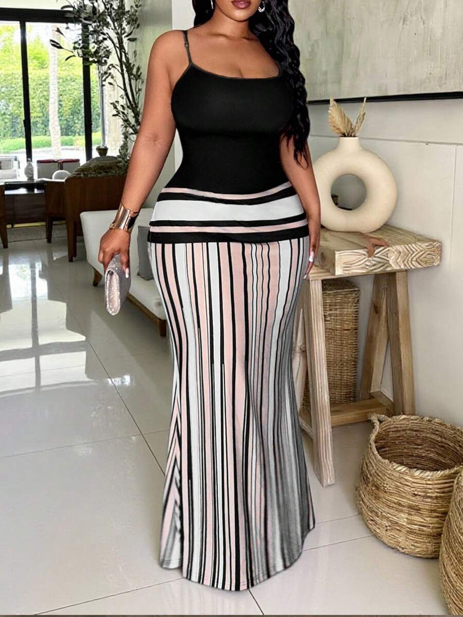 Slaydiva 春夏新款音乐节，早春复活节新品，春夏音乐节，情人节，复活节休闲风，极简基础款，Y2K街头甜美风，畅销单品，日常约会，性感氛围，修身长裙，吊带长裙，修身长裙，印花条纹撞色大码女式长裙 - 彩色 - 查看 1