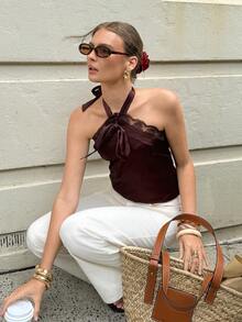 Serisse Women's Contrast Lace Tie Front Halter Neck Blouse - Brown - View 7