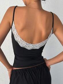 DAZY Women's Contrast Lace Slim Fit Backless Camisole - Black - View 2