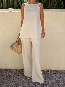 Livesso Bộ đồ nữ mùa hè gồm áo không tay cổ tròn và quần dài in họa tiết (2 món) - Màu Khaki - Xem 7